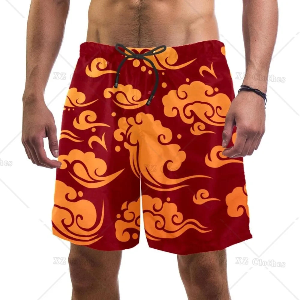 Red Chinese Clouds Element Men's Beach Shorts Quick Dry with Pockets Swim Trunks Bathing Suits with Pocket for Men