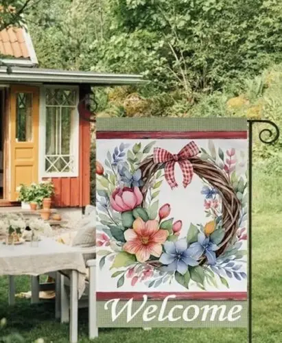 Welcome - FLowers on a Wreath Double Sided Garden Flag ~ 12