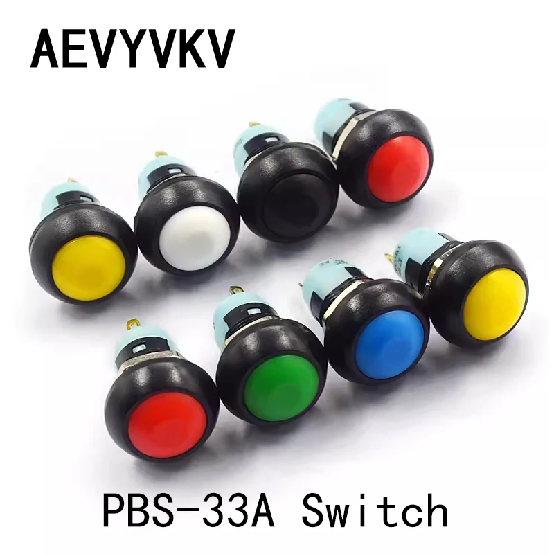 Mini Round Push Button Switch PBS-33A Self-Locking Switch Round Waterproof 2Pin 12mm 1A 125VAC 5 Colors Electrical Equipment