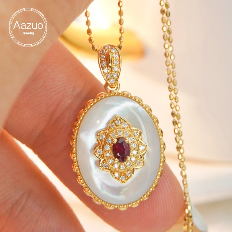 Aazuo Fine Jewelry 18K Yellow Gold Natural Ruby White MOP Real Diamonds Perfect Oval Necklace Gifted For Women Birtthday Party