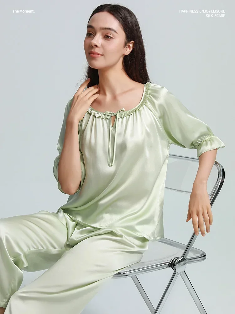 

Женская одежда для сна и дома из 100% тутового шелка с рюшами, 19 мм, топ и брюки с лацканами на пуговицах, кардиган с короткими рукавами, пижамный комплект