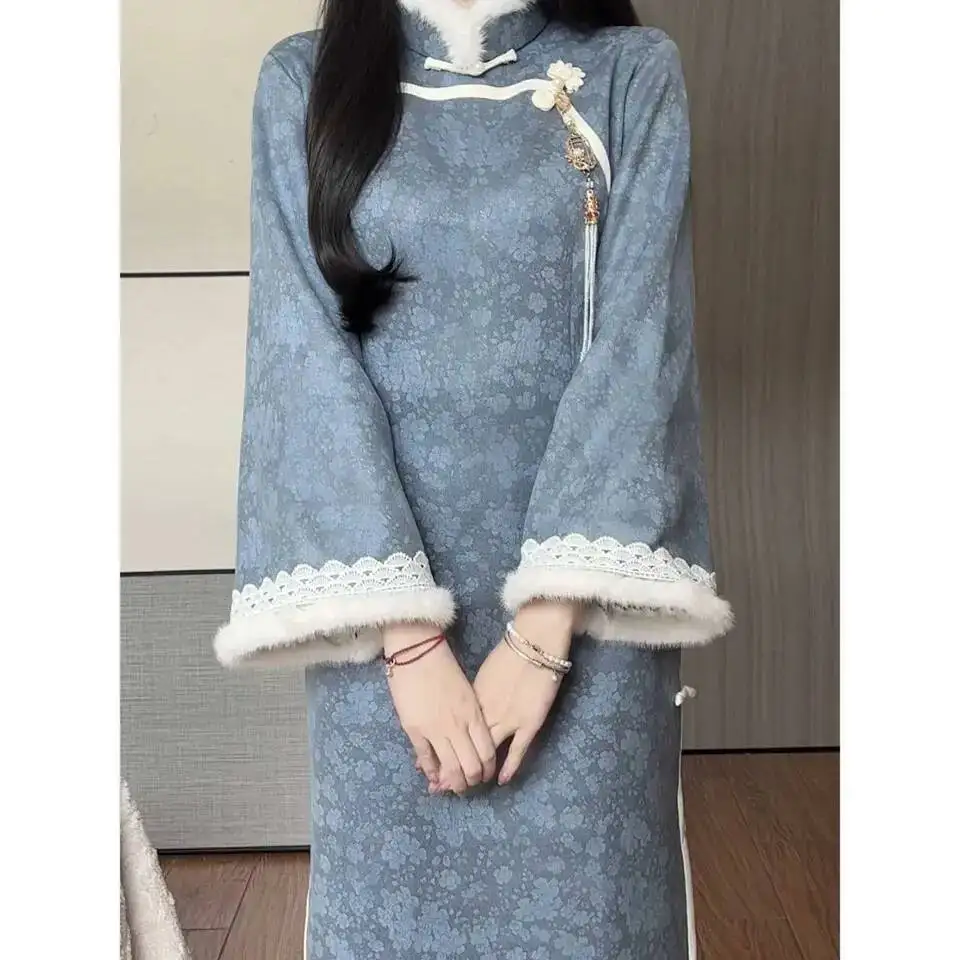 

Современный китайский стиль, синий Cheongsam, женские вечерние платья с большими рукавами, утолщенное бархатное длинное платье Ципао в стиле ретро