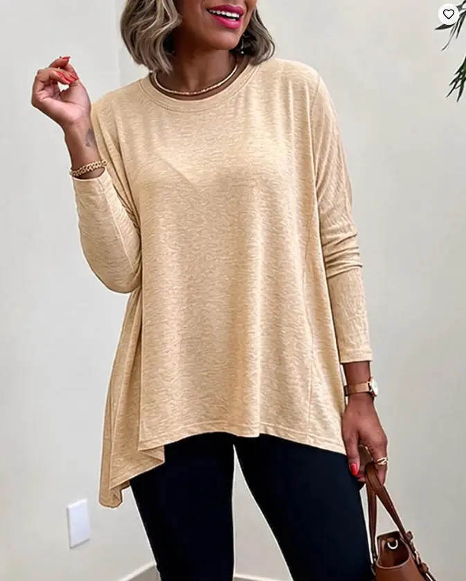 Women's Asymmetric Hem Long Sleeve Top 2026 Spring New Loose Fit Dropped Shoulder Crewneck Soft Slouchy Casual Daily Tee