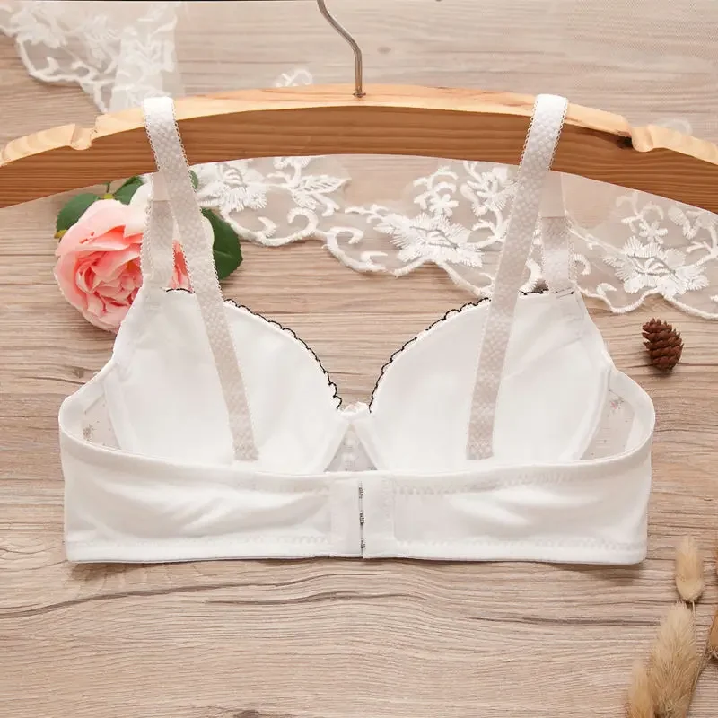 Puberty Women A B Cup Floral Print Underwire Bra Sweet Student Lace Bow Push Up Adjustable Small Bras Cotton Sexy Thin Underwear