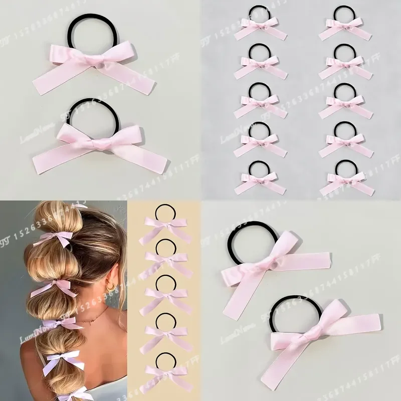 10pcs Women Pink Ribbon Bow Hair Ties Elastic Hair Bands Ponytail Holders Cute Bowknot Scrunchies Hair Accessories for Girls
