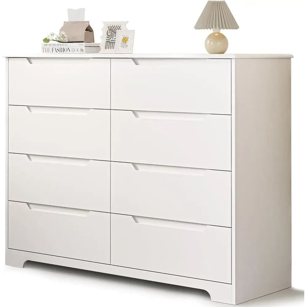 8 Wide White Dresser or Bedroom, Cut-Out Handles, Wooden Chest with Anti-Tip Kit, Living Room, Hallway, Entryway, Home Office