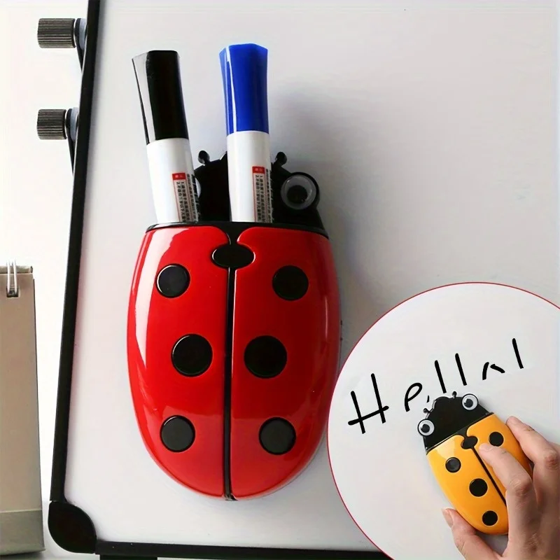 1Pc Cartoon Ladybug Magnetic Box, Velvet Whiteboard Eraser and Magnetic Pen Holder for Kindergarten, Classroom & Office