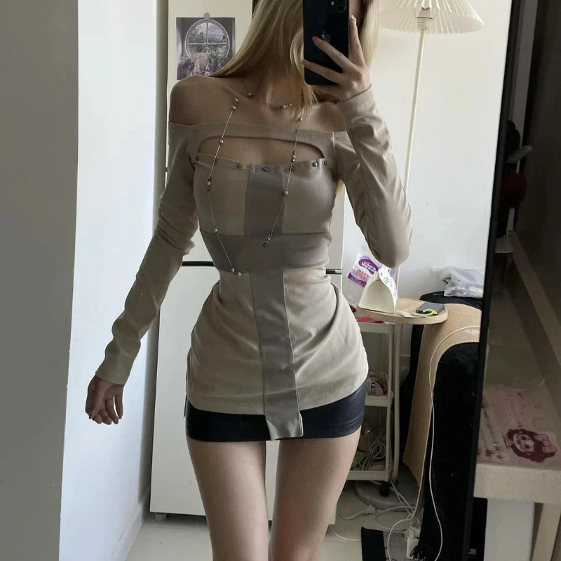 

American Y2k Vintage Style Fake Two Tops Women Sexy Slim Fit T-shirt Aesthetic Patchwork Stripe Grunge Tees Woman Clothes 2025