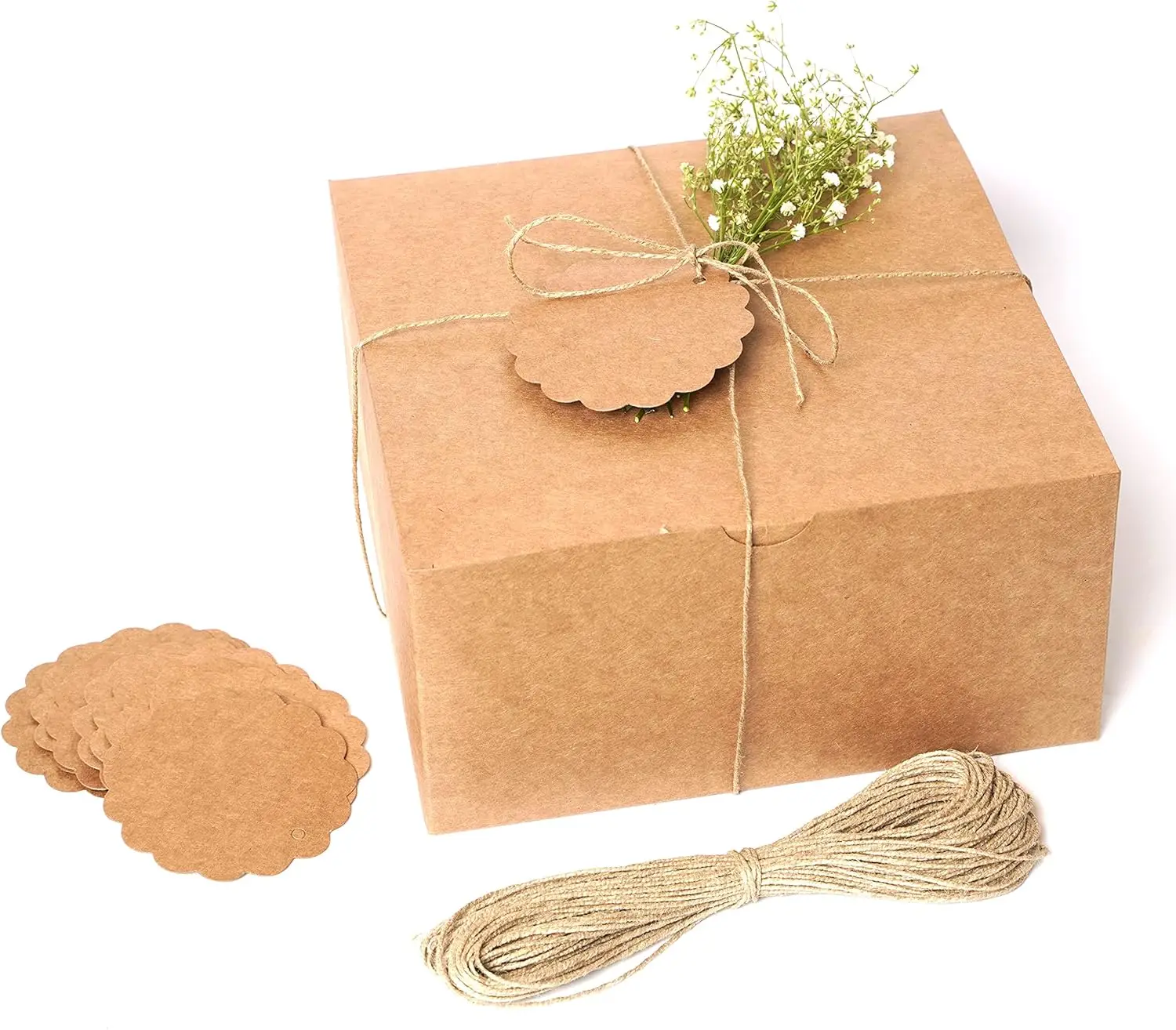 

Kraft Gift Boxes 10 Pack 8x8x4 Inches with Lids, Tags & Jute Rope for Gifts, Wedding Favors, Cupcakes