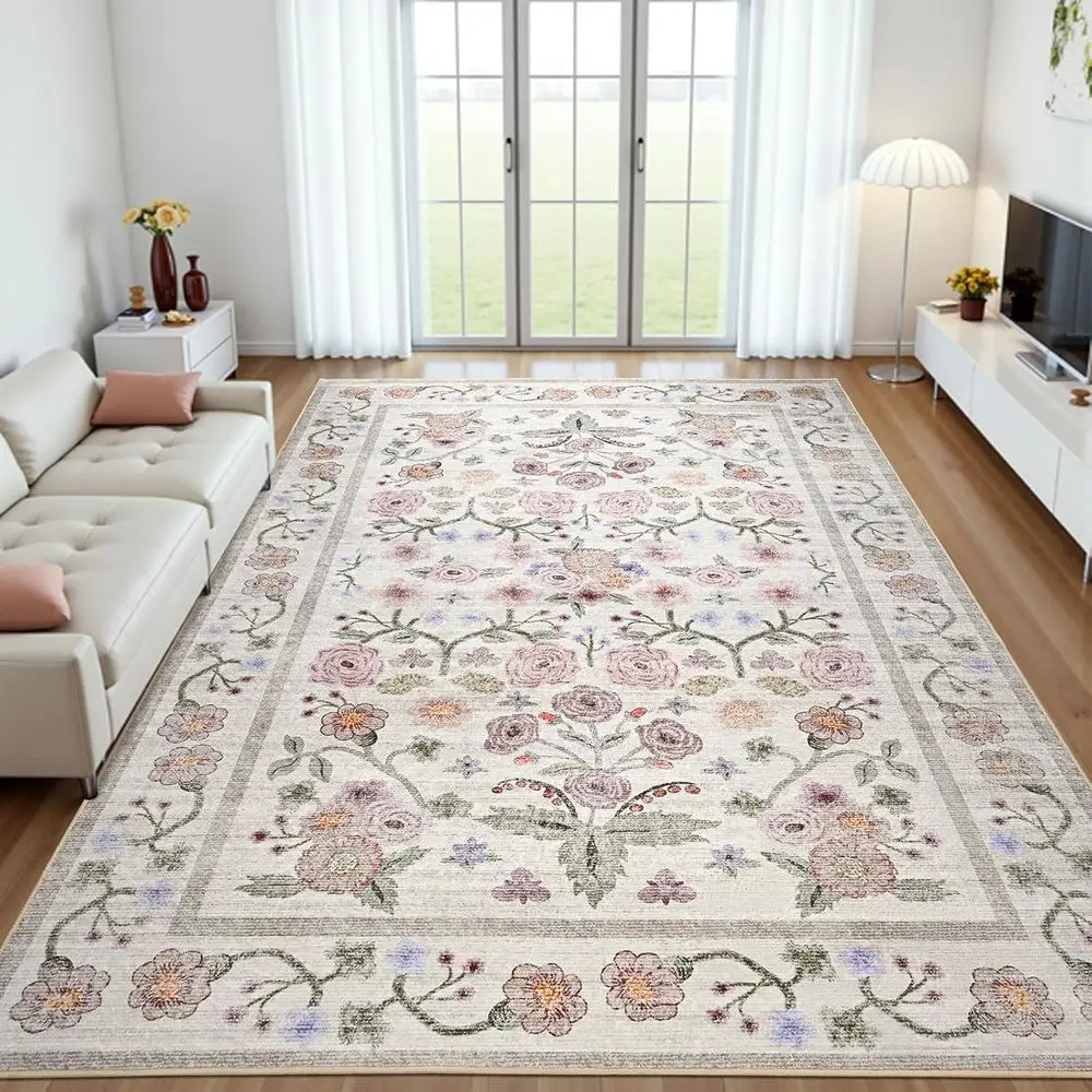 

Washable 5x7 Floral Area Rugs, Non-Slip, Stain-Resistant Soft Throw for Living Room, Bedroom, Dining Room, Office, Kitchen, Dorm