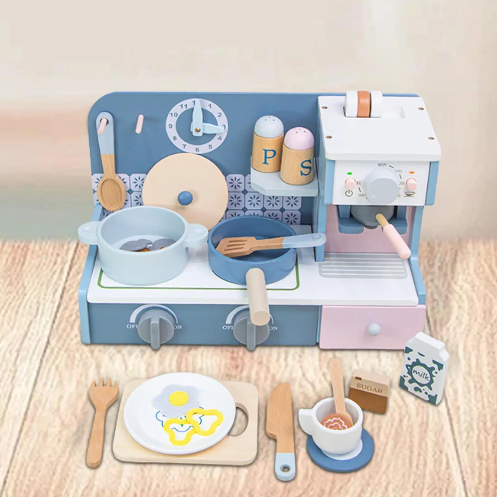 ชุดครัวไม้ของเล่นพร้อมอุปกรณ์ทำอาหาร ของเล่นครัวแบบอินเทอร์แอคทีฟ