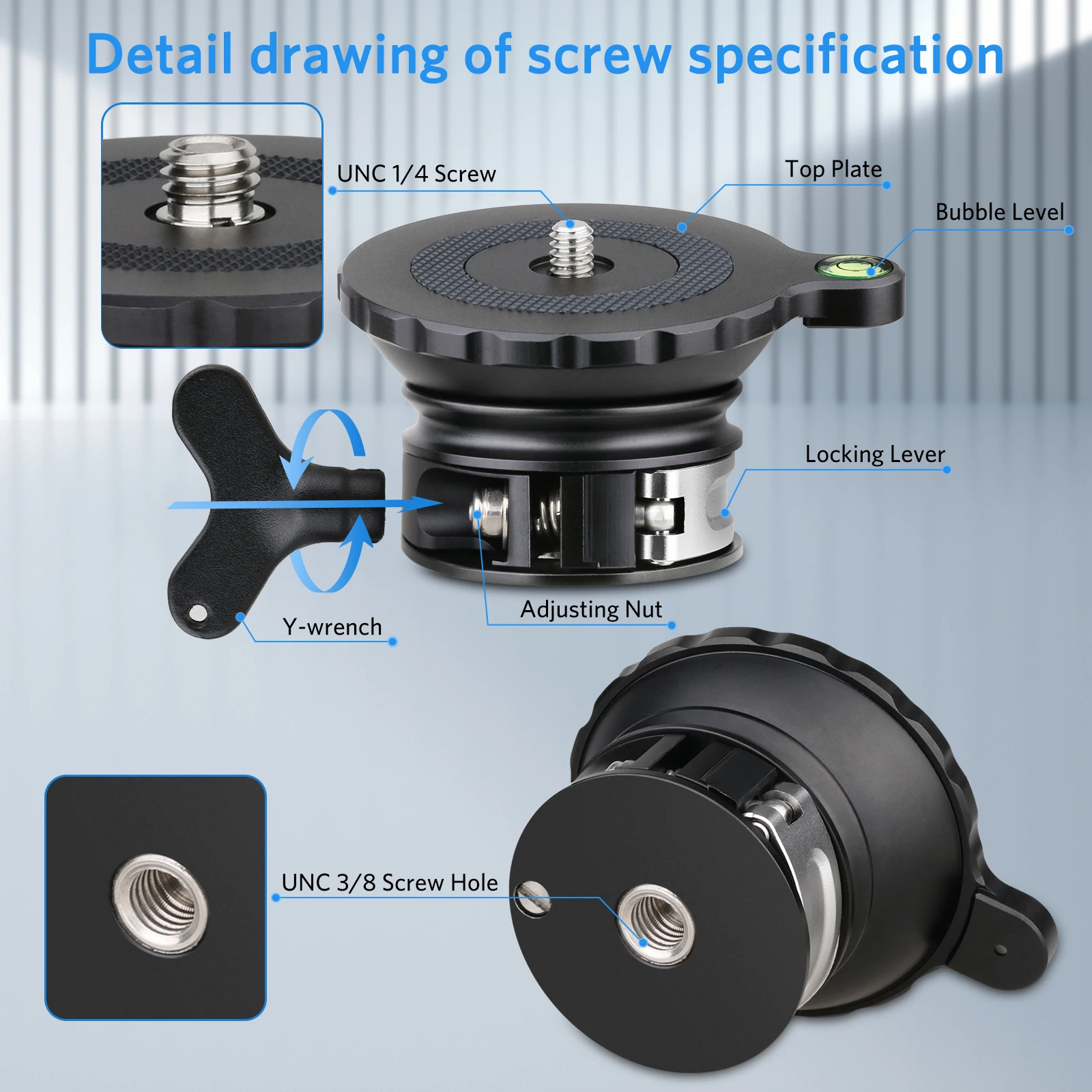 WEYLLAN LH5/LH6/LH7 Stativ-Nivellierbasis Kamera-Nivellierer Aluminiumlegierung Kopf 10/15/20kg Traglast 14 ° /15 ° 360-Grad-Neigung ° Pan-Adapter-Schraube – Detail 19