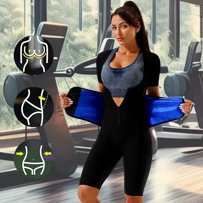 Women's 4 IN 1 Shorts Sleeve Shorts Sauna Sweat Suits for Adult Weight Loss Full Body Shaper Compression with Waist Trainer Belt