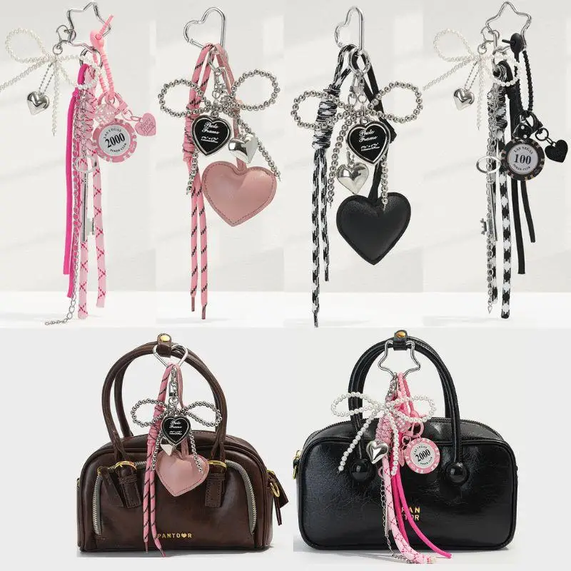 INS Handgemaakte Miu Geweven Touw Sleutelhanger Y2k Liefde Hart Sleutelhanger Glanzend Leer Parel Boog Sleutelhanger Kraal Tas Hanger Tas Sieraden