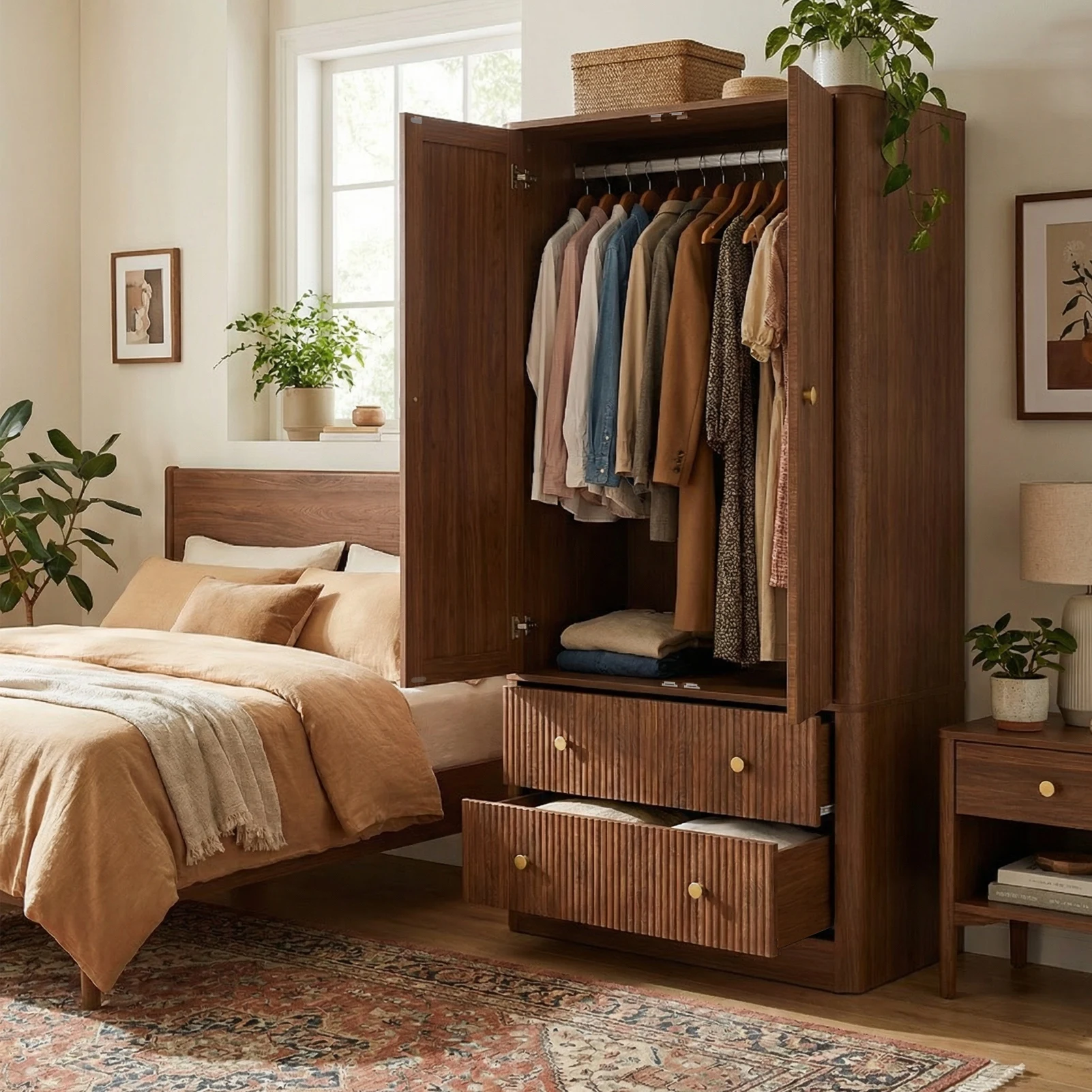 Clothing Wardrobe 2Doors Drawers Elegant Wave Pattern Wooden Freestanding Large Capacity Storage Cabinet for Bedroom Living Room