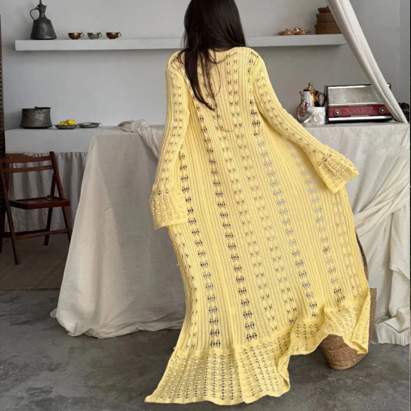 سترة محبوكة بتصميم مجوف للفتيات الحارة بلون سادة وأكمام طويلة ورقبة على شكل حرف v وأكمام جرس فرنسية طويلة #2