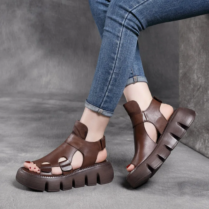 Jishu Hot-Selling New Arrival First Layer Cowhide shoes Platform Sandals Casual Genuine Leather Retro Peep Toe Roman Sandals