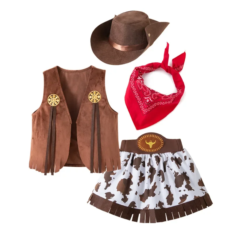 Western Cowboy Costume Set Cow Print Fringe Vest Skirt Pants Outfit Costumes Carnival Cosplay Halloween Event Party Dress Up