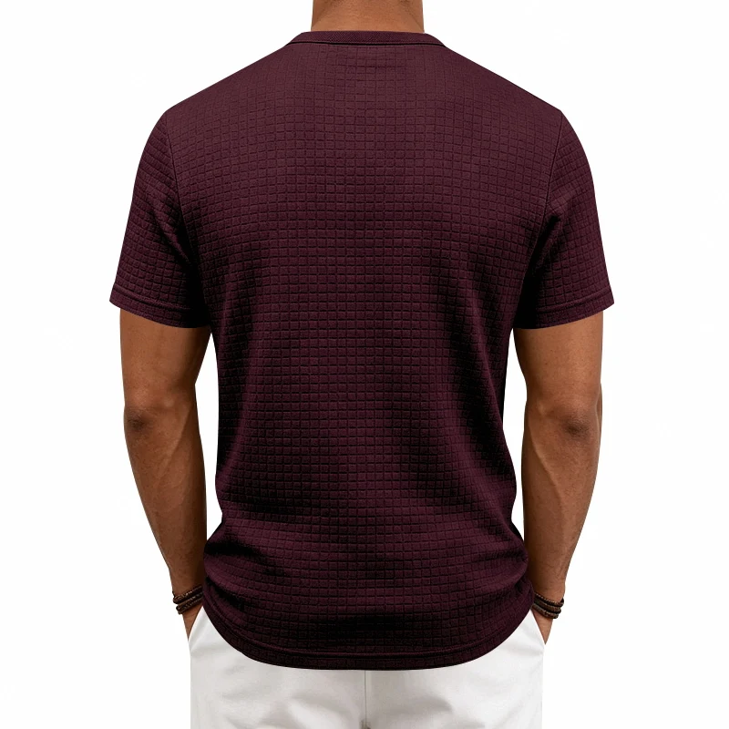 Men's check texture Henry collar short-sleeved casual T-shirt, with a loose design, suitable for summer sports and daily wear view 2