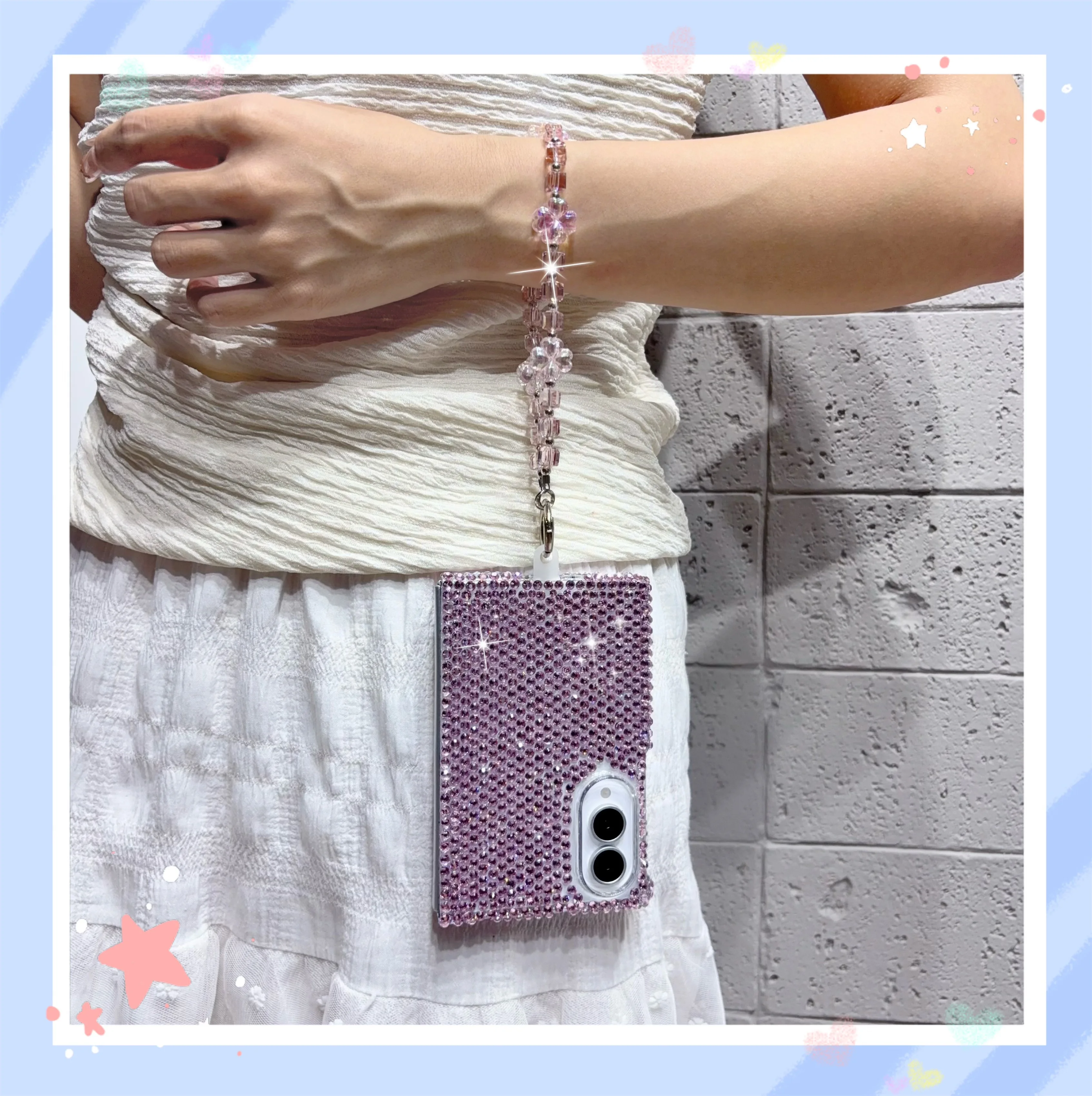 Bling Full Diamond Rhinestone Phone Case For Samsung Galaxy Z Fold 8 Wide Luxury Glitter Crystal Cover With Beaded Wrist Strap