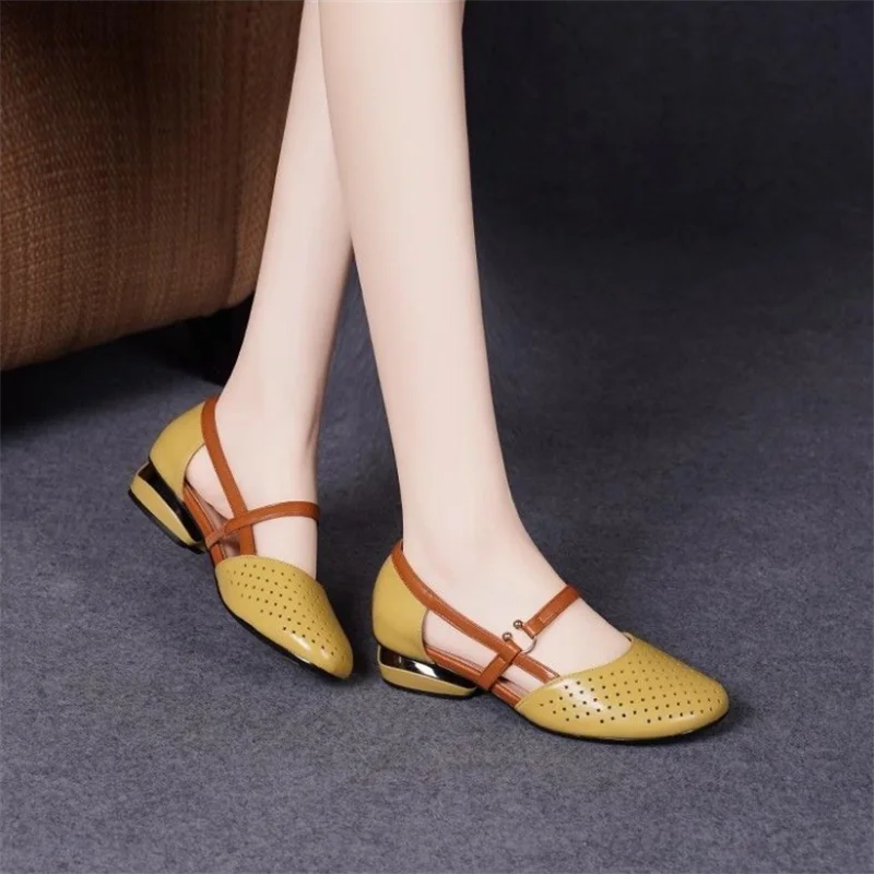 Summer Sandals Women Shoes New Leather Shoe Round Toe Middle Heel Soft Sole Anti slip Hollow Breathable Retro Women\'s Sandals