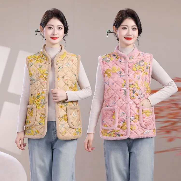 

Новая зимняя утепленная жилетка с флисовой подкладкой и воротником-стойкой в стиле Тан, на пуговицах, для женщин среднего возраста, теплая, в традиционном китайском стиле