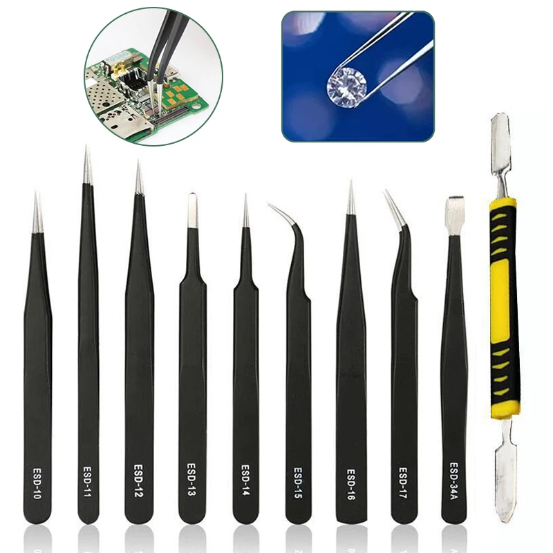 6/9/10pcs Precision Tweezers Set ESD Anti Static Stainless Steel Tweezers Repair Tools for Electronics Repair Soldering Craft