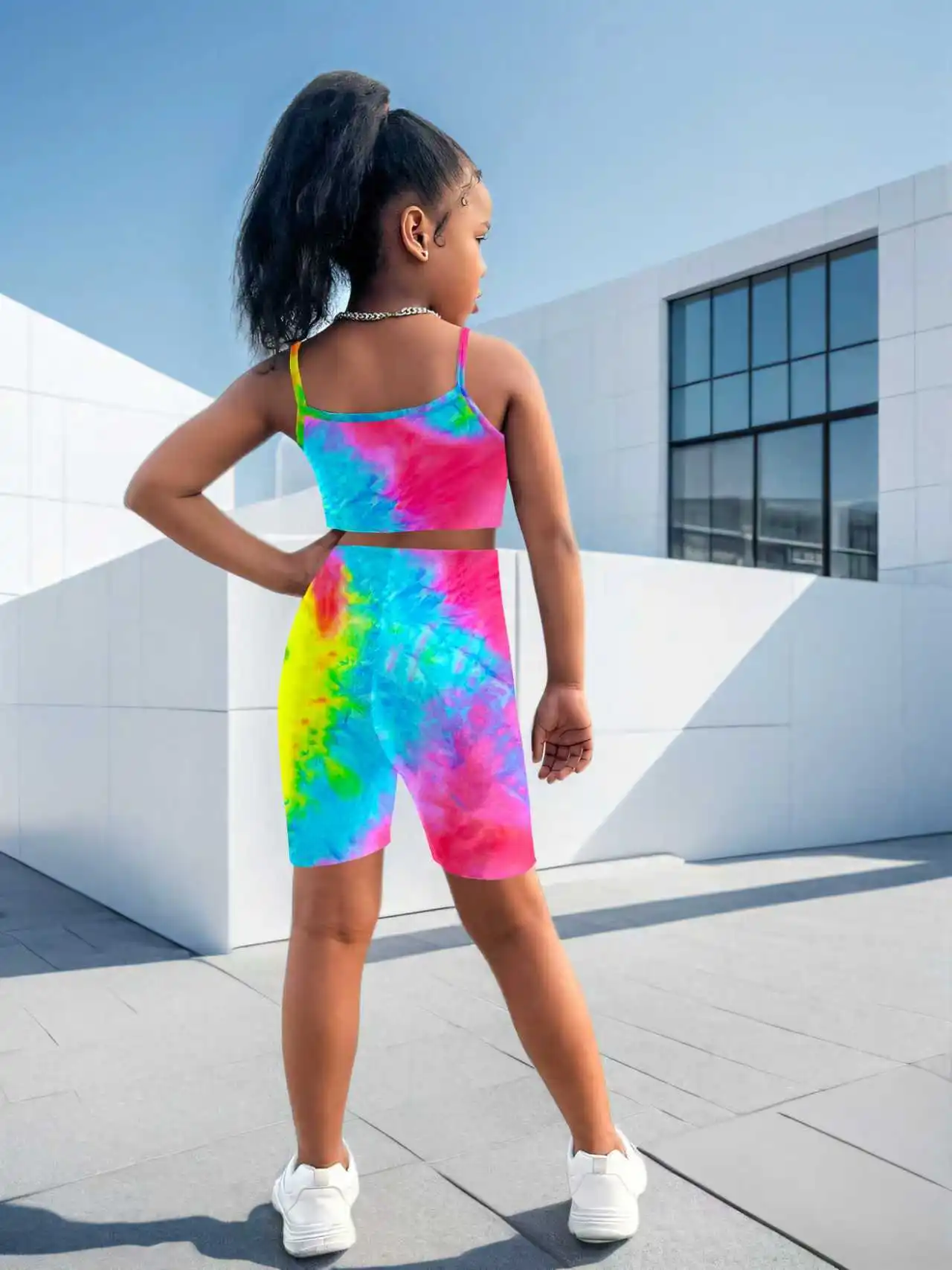 Girls' Two-Piece Tie-Dye Set – Sleeveless Crop Top and Shorts Set