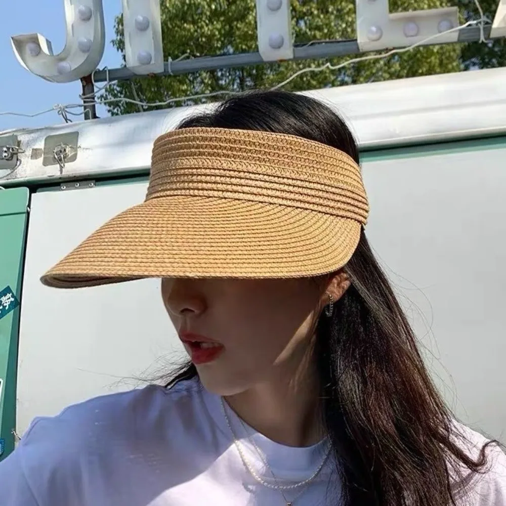 Simple Solid Color Straw Sun Cap Breathable Foldable Summer Visors Hat Adjustable Empty Top Hat Wide Brim Beach Hat Summer