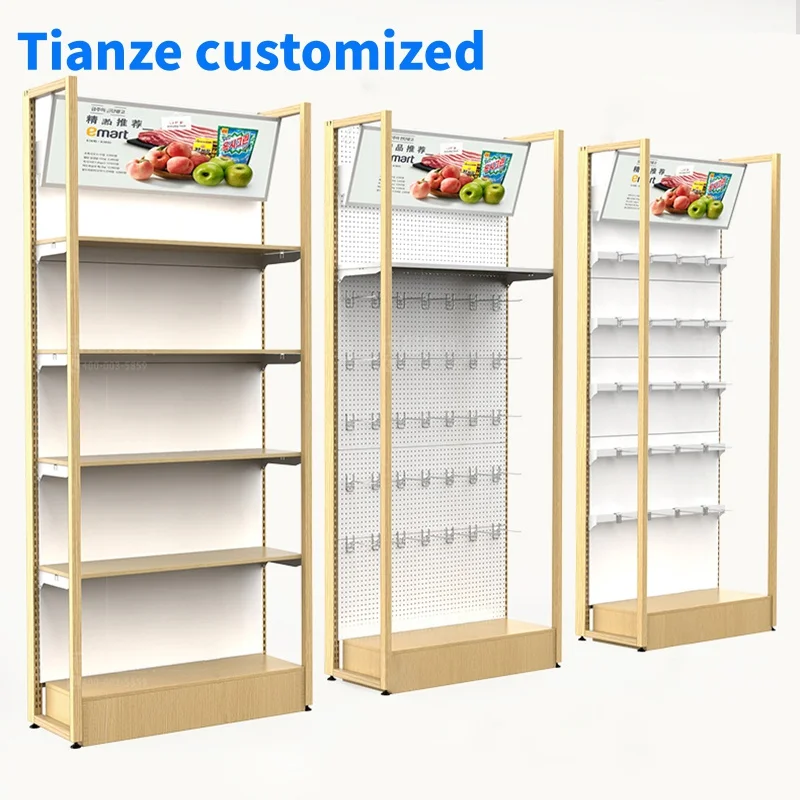 （customized）Customized Retail Store Interior Display Price Shelf Metal Wooden Mobile Wall Mounted Floor Standing Shop Shelves