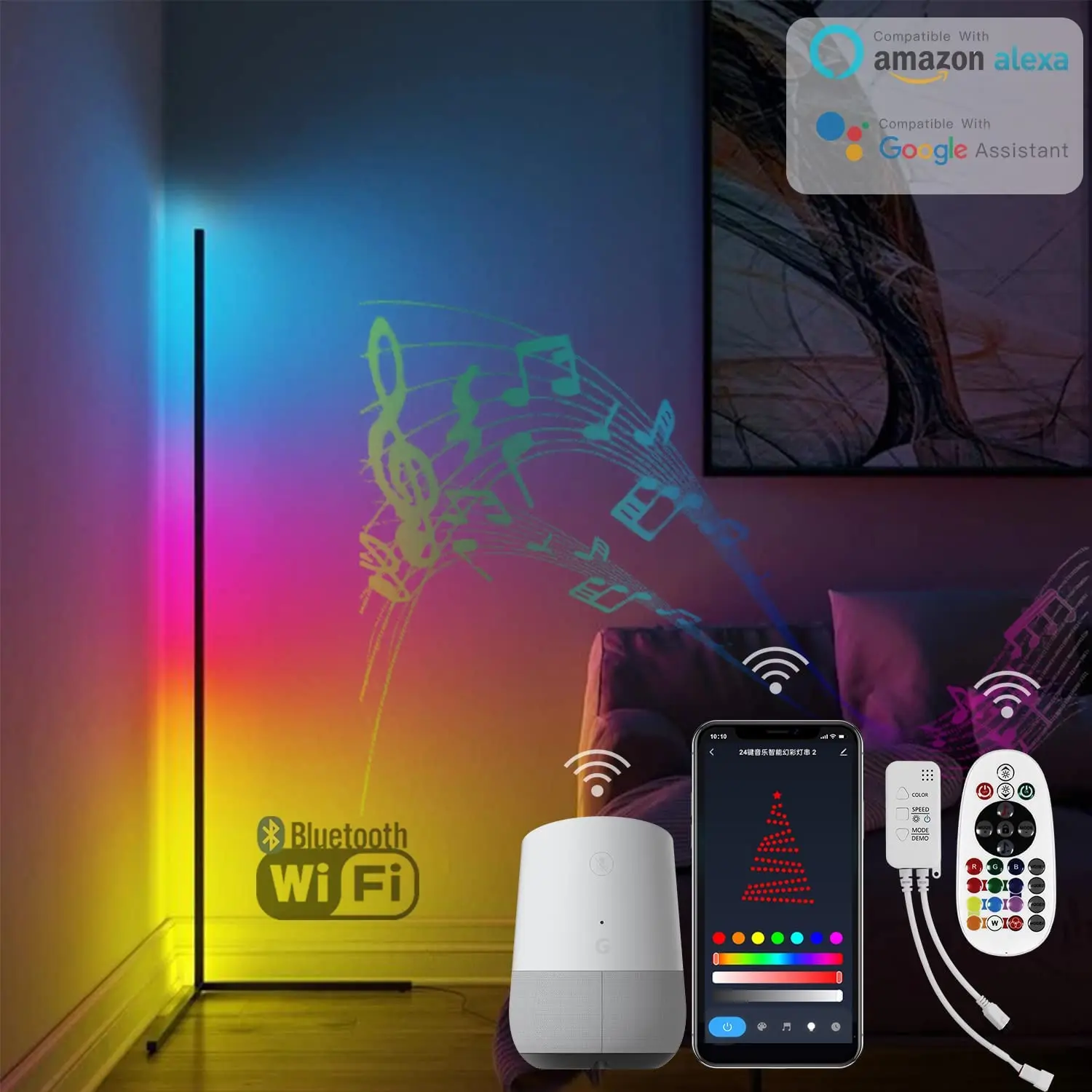 LED Floor Lamp, Smart WiFi Corner Floor Light Dimmable with Alexa/Google Assistant/Remote and APP Control, RGB Colour Changing,