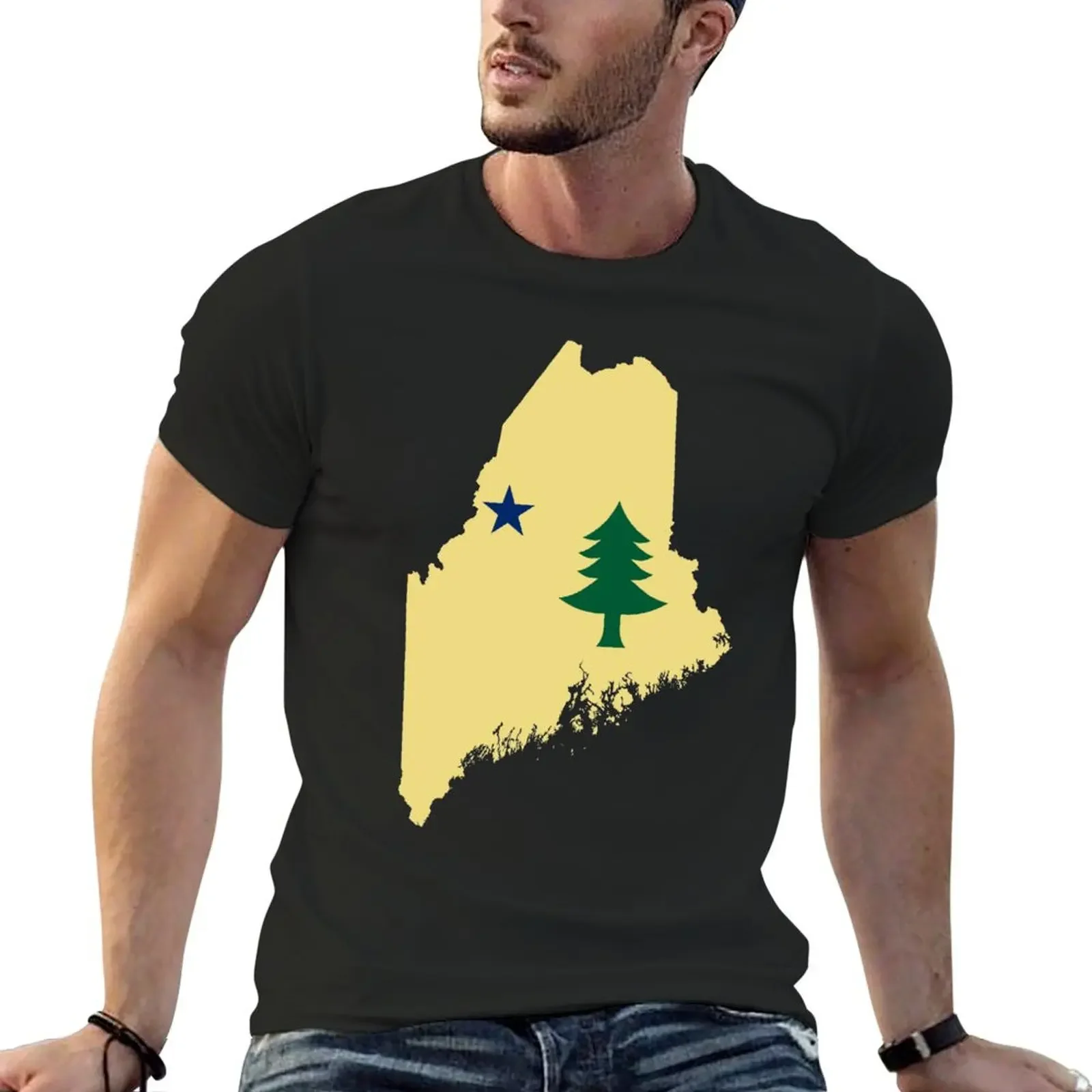 Flag of Maine (1901 to 1909) on Map of Maine T-Shirt designer shirts plus size tops compression shirt men