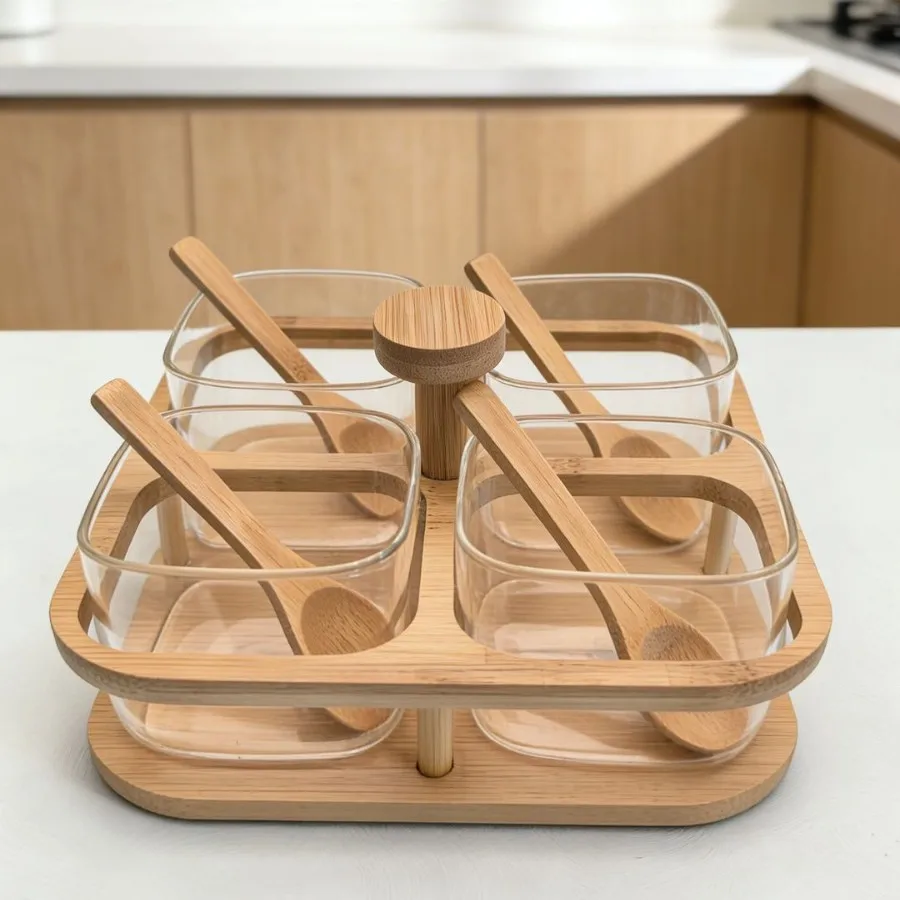 Bamboo Lid Rotatable Spice Jar Set, 360° Rotating Tray, Airtight Kitchen Condiment Storage Canister with Serving Spoons