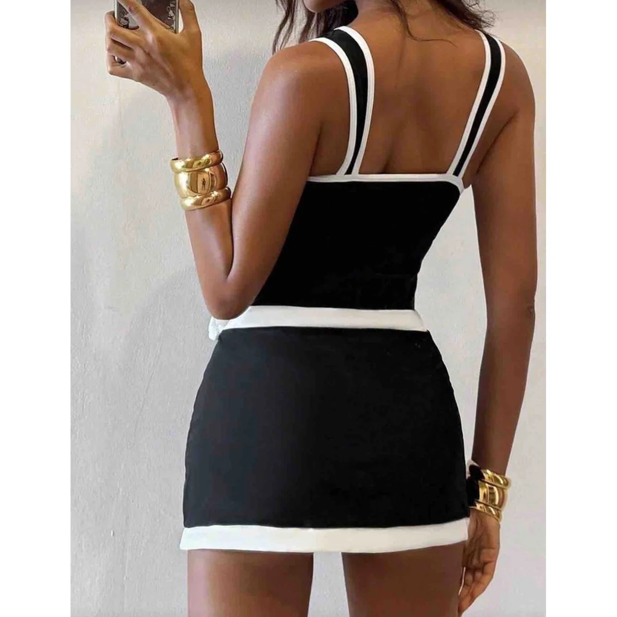 Sexy Hollow Out One Piece Swimsuit with Skirt Metal Starfish Patchwork Women Swimwear Contrast Color Tummy Control Bathing Suit