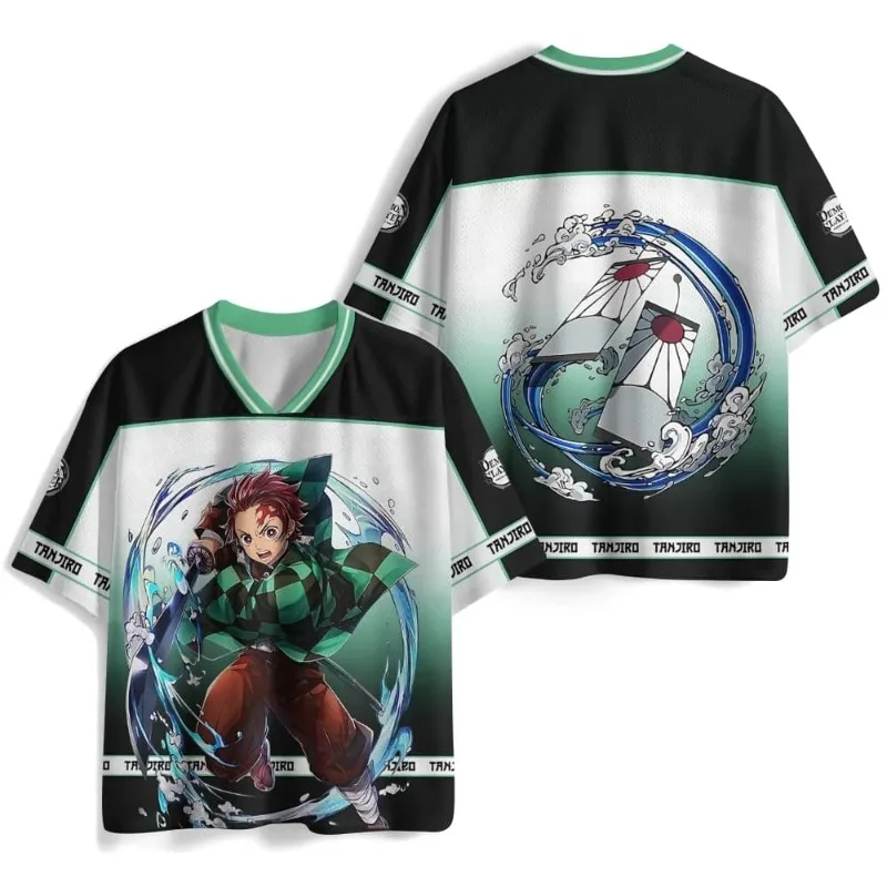 2026 New Bandai Demon Slayer Tanjiro Kamado Anime Jersey, Fashionable V-neck, Children's/Adult Size, Sports and Casual T-shirt