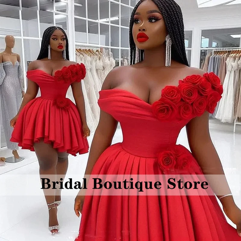 

Sexy Handmade Flower Prom Dress Off The Shoulder Draped A Line Plus Size Homecoming Gowns Short Birthday Dress Customized