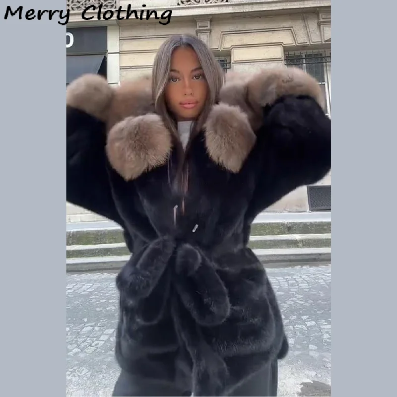 Dikker warme namaakbontjas voor dames Retro patchwork harige kraag mouw capuchon veterzak bovenkleding NIEUWE damesjassen
