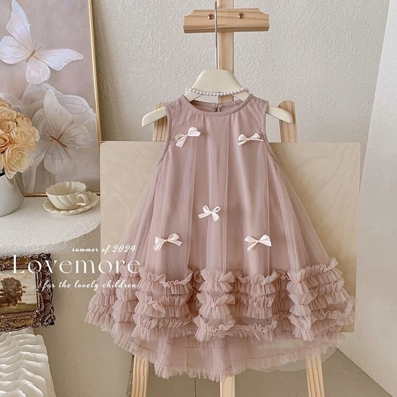 

Girls' Princess Dress Sleeveless Summer Mesh Dress New Sweet Baby Summer Bow Dress Trendy