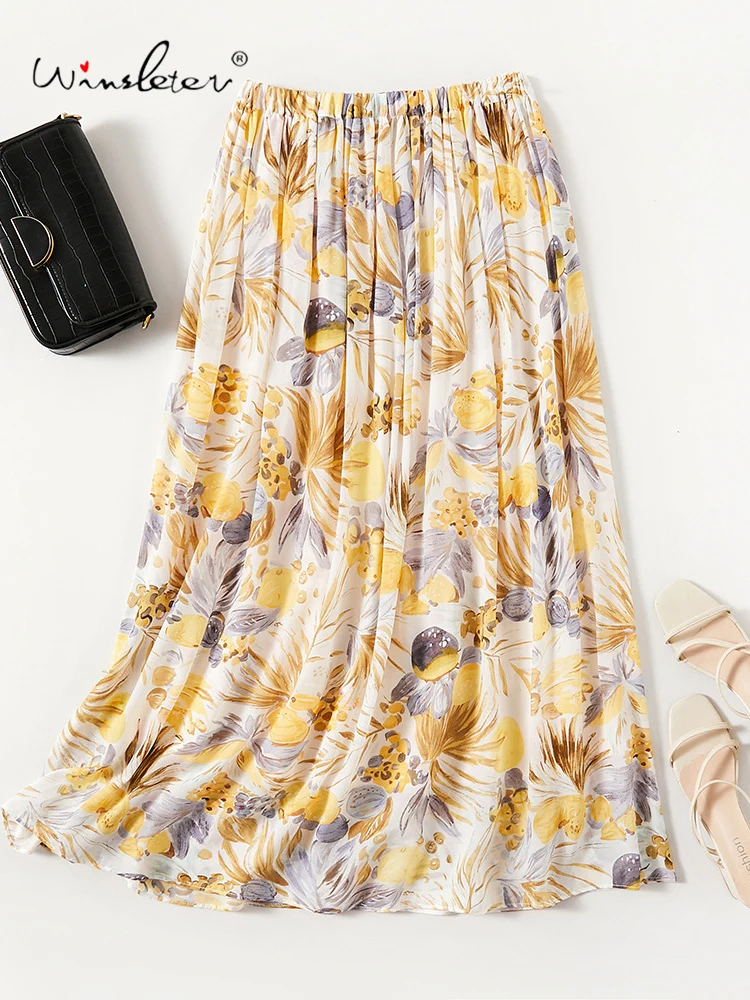 

Winsleter-100%Silk Elegant Skirts, Elastic Waist Floral Printed, Women Prairie Chic A-line Skirt, 2026 Spring Summer B61239CC