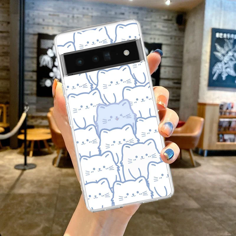 Cute Cartoon Black Cat Phone Case For Google Pixel 9 8 7 6 Pro XL 8A 7A 6A 5 4 5A 4A 3A XL 5G soft Silicone Clear TPU Cover
