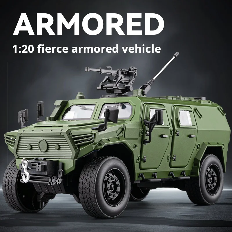 

1:20 Dongfeng Mengshi Armored Vehicle Simulation Alloy Car Model Steering Shock Absorption Armed Off-Road Vehicle Light & Sound