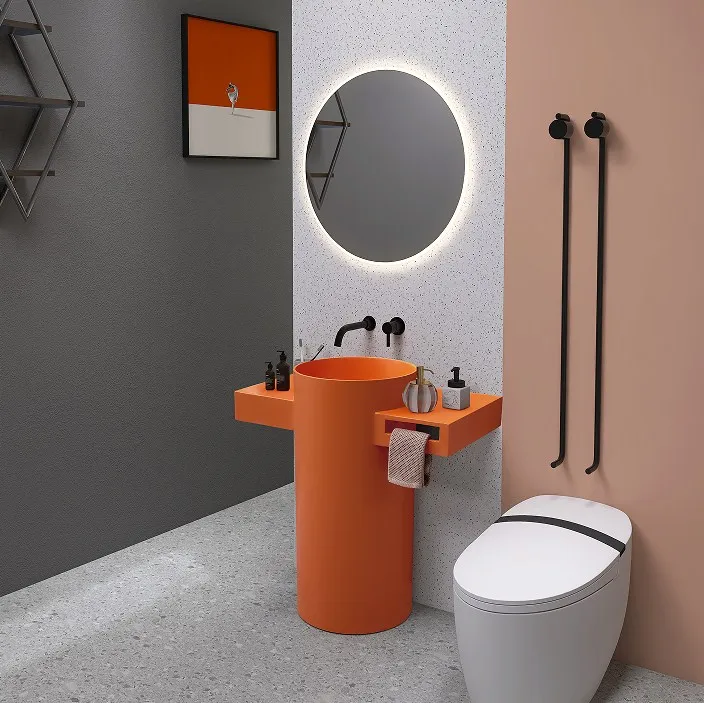 

Size Can Be Customized Hot Sales Orange Color Art Pillar Artificial Stone Freestanding Wash Basin Solid Surface Pedestal Sink