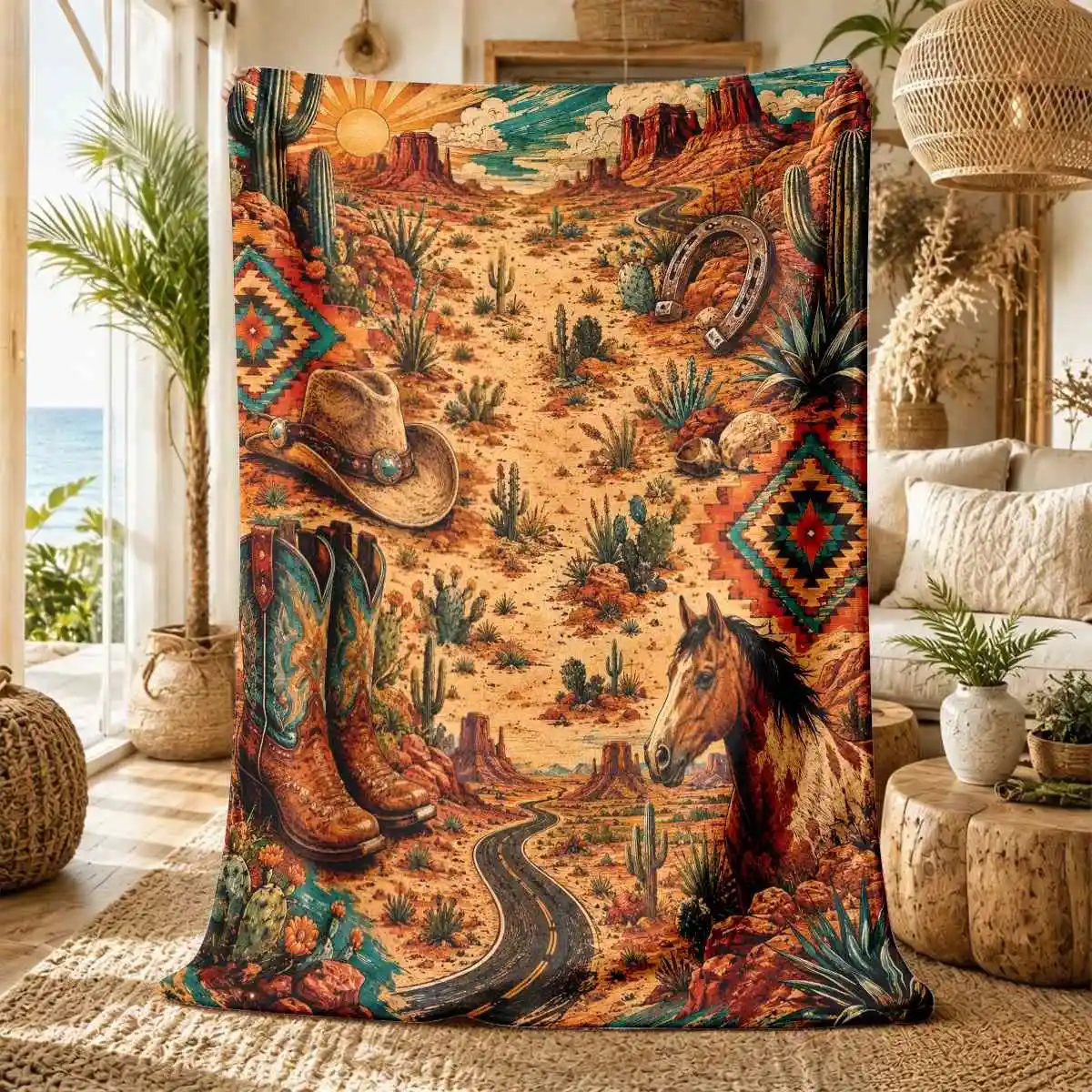 Western Desert Cowboy Horse Cactus Flannel Blanket, Soft Warm Bed Blanket for Sofa Bedroom Camping Country Style Lover Gift