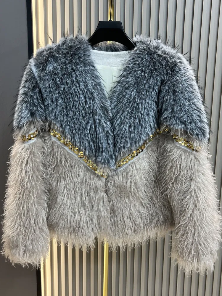 ZMEENNA 여성용 짧은 인조 모피 자켓 골드 스팽글 디테일 고급스러운 따뜻한 겨울 아우터 베이지 브라운 레오파드 스팟 ZM4474