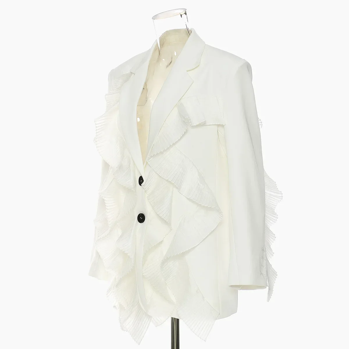 Costume Blazer en Tulle Blanc à Volants pour Femme, Veste de Bureau Formelle à la Mode, Tenue de Rue, Manteau, Automne, 1 Pièce