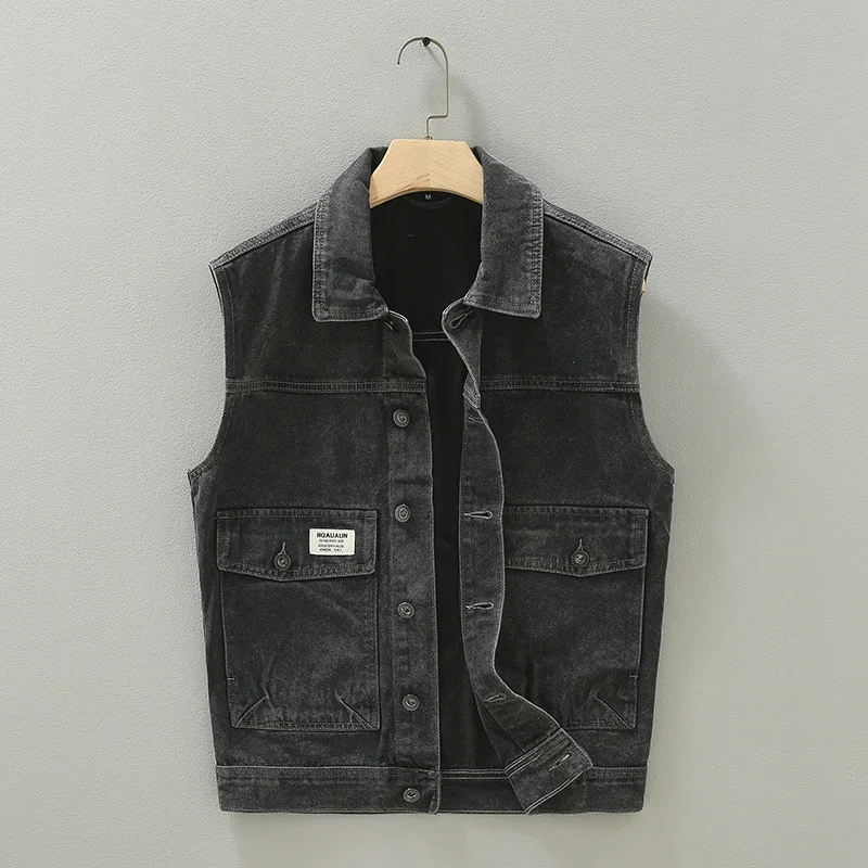 

Sleeveless Denim Shirt for Men Black Vintage Cotton Casual Vest Coats 700g