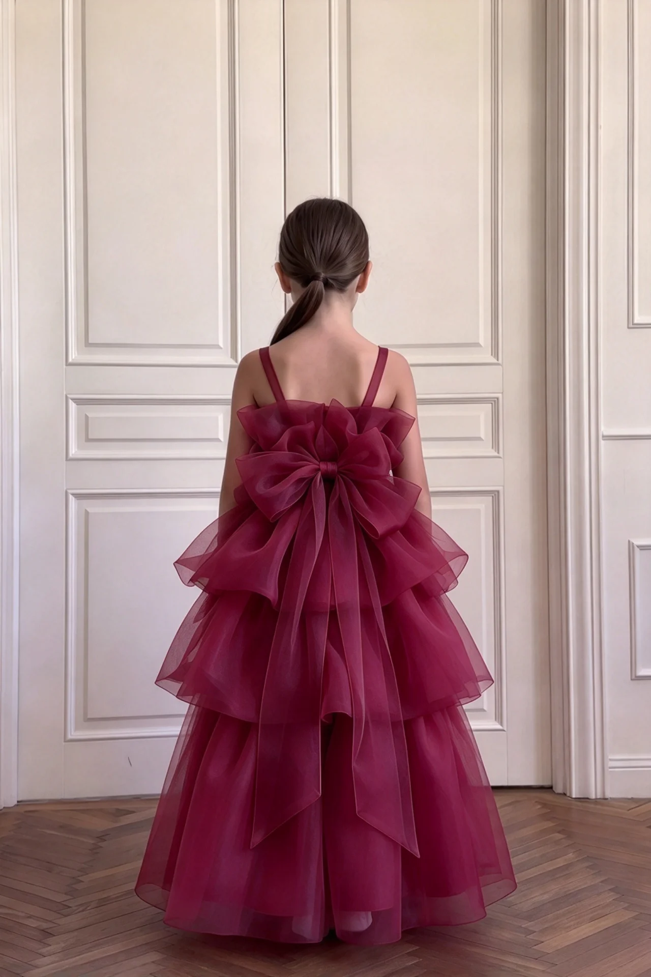 Burgundy Flower Girl Dress Ruffled Tulle Tiered Floor Length Gown Kids Wedding Birthday Pageant First Communion Princess Dress