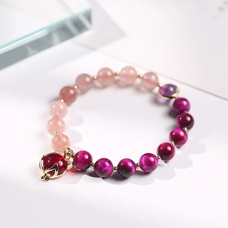 Natural Strawberry Crystal/Amethyst/Rose Red Tiger's Eye Beads Fox Brave Troops Pendant Bracelets Women Fine Jewelry 2021 YBR350