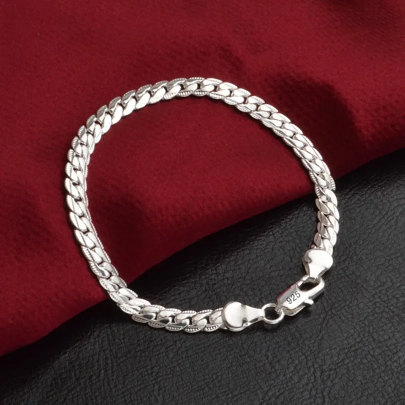 Pulseira de prata esterlina 925, 6mm, 18/20cm, corrente lateral plana, fecho lagosta para mulheres, homens, joias de noivado de casamento