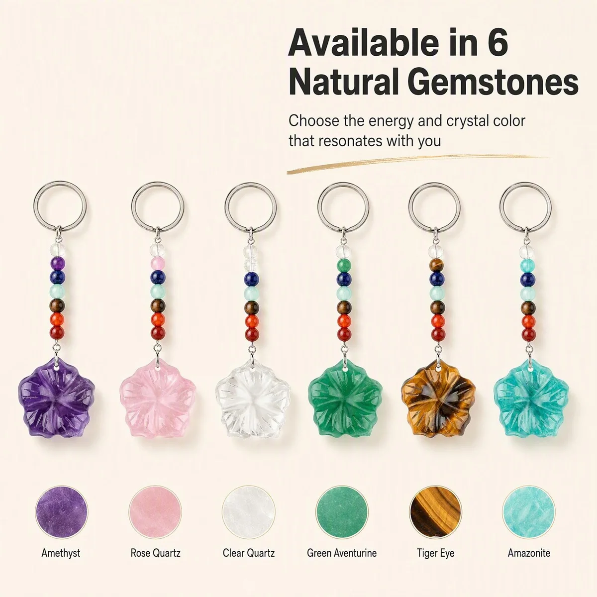 Wholesale 7 Chakra Beads Natural Crystal Flower Keychain, Hand Carved Gemstone Keyring Charm for Gift